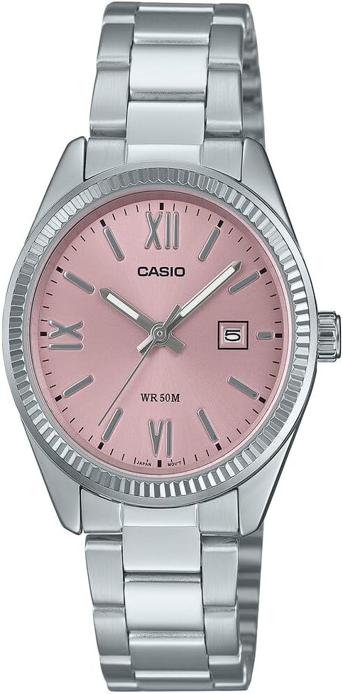 Reloj analógico Casio para mujer con esfera de acero inoxidable de tamaño estándar