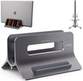 Soporte vertical para laptop para escritorio, soporte para MacBook con bloqueo automático por gravedad, soporte vertical de aluminio para laptop compatible con MacBook Pro, Air, tableta, ahorro de espacio, organiza el trabajo y la oficina en casa, gris