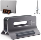 Soporte vertical para laptop para escritorio, soporte para MacBook con bloqueo automático por gravedad, soporte vertical de aluminio para laptop compatible con MacBook Pro, Air, tableta, ahorro de espacio, organiza el trabajo y la oficina en casa, gris