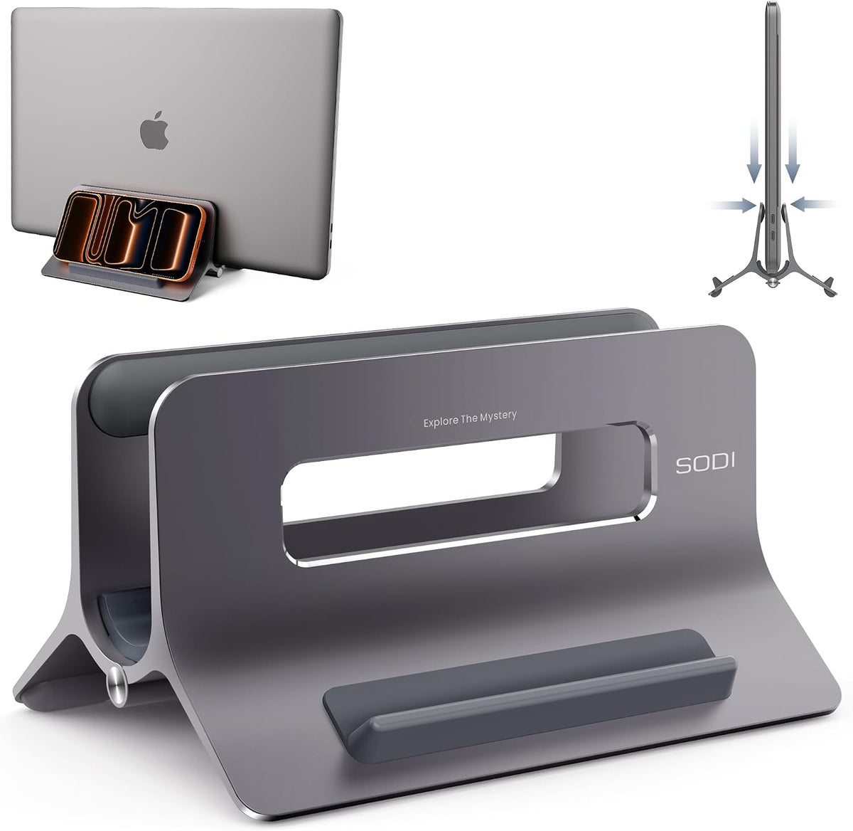 Soporte vertical para laptop para escritorio, soporte para MacBook con bloqueo automático por gravedad, soporte vertical de aluminio para laptop compatible con MacBook Pro, Air, tableta, ahorro de espacio, organiza el trabajo y la oficina en casa, gris
