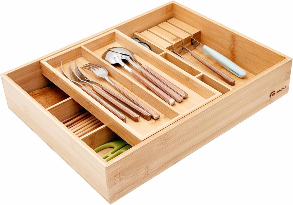 Organizador de cajones de cocina de bambú, 6 compartimentos anchos