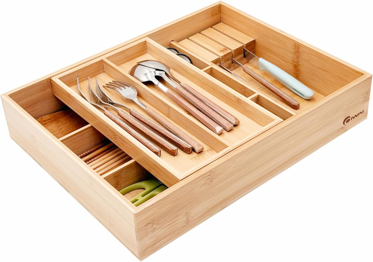 Organizador de cajones de cocina de bambú, 6 compartimentos anchos
