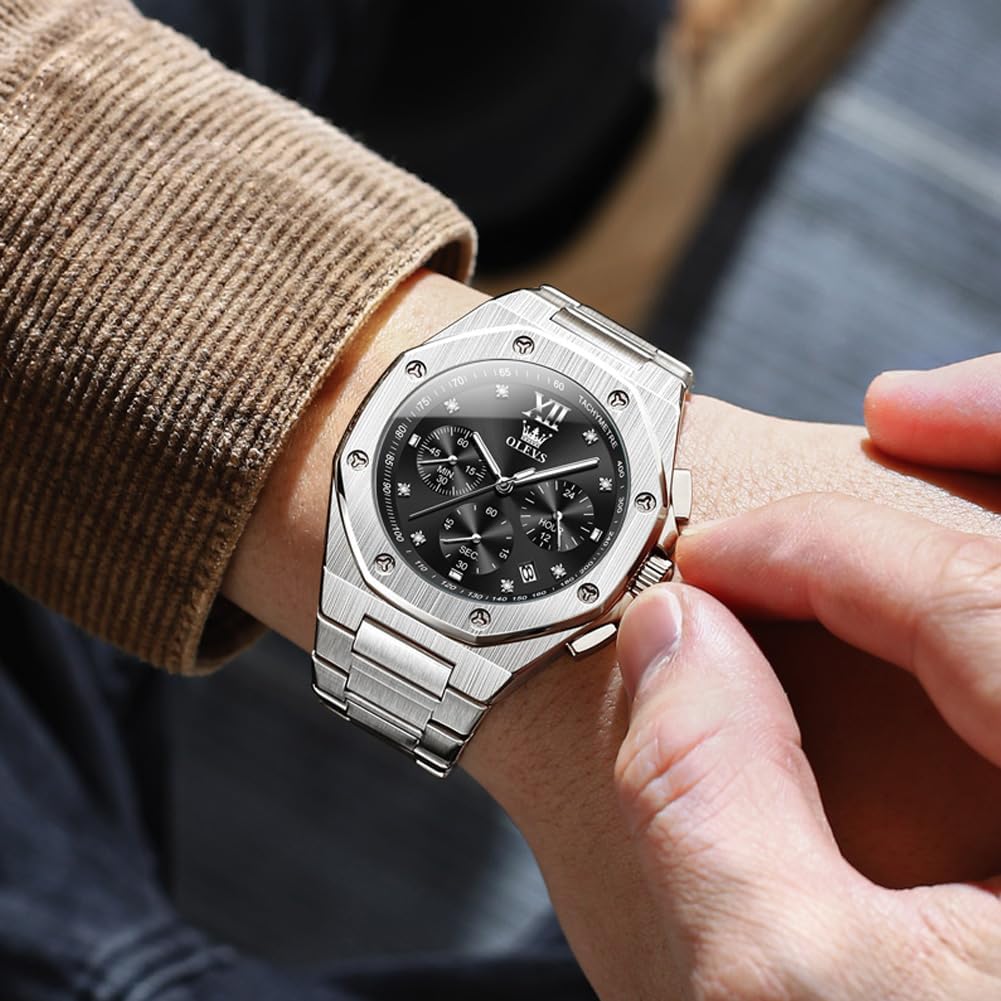 OLEVS Reloj para hombre Big Face Acero inoxidable Impermeable Luminoso Diamante