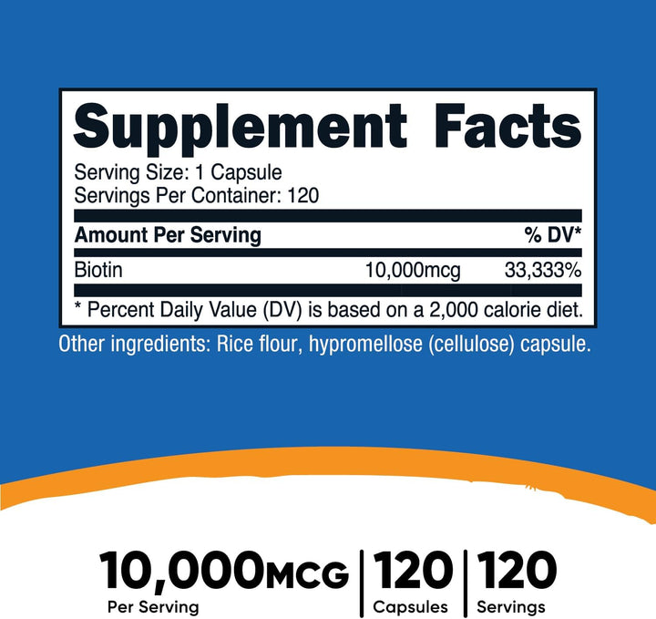Nutricost Biotina (Vitamina B7) 10,000 mcg (10 mg), 120 cápsulas -...