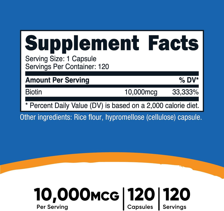 Nutricost Biotina (Vitamina B7) 10,000 mcg (10 mg), 120 cápsulas -...