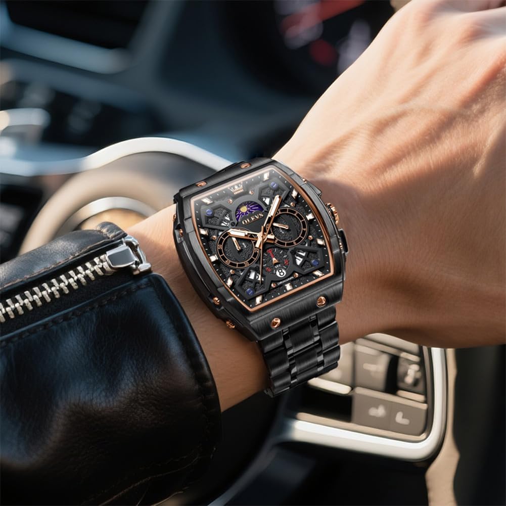 OLEVS Reloj para Hombres Analógico Cuarzo Lujo Diamante Resistente al Agua Cronógrafo Acero Inoxidable Carita Grande Cuadrado Fecha Fase Lunar Romano Relojes de Vestir para Hombres