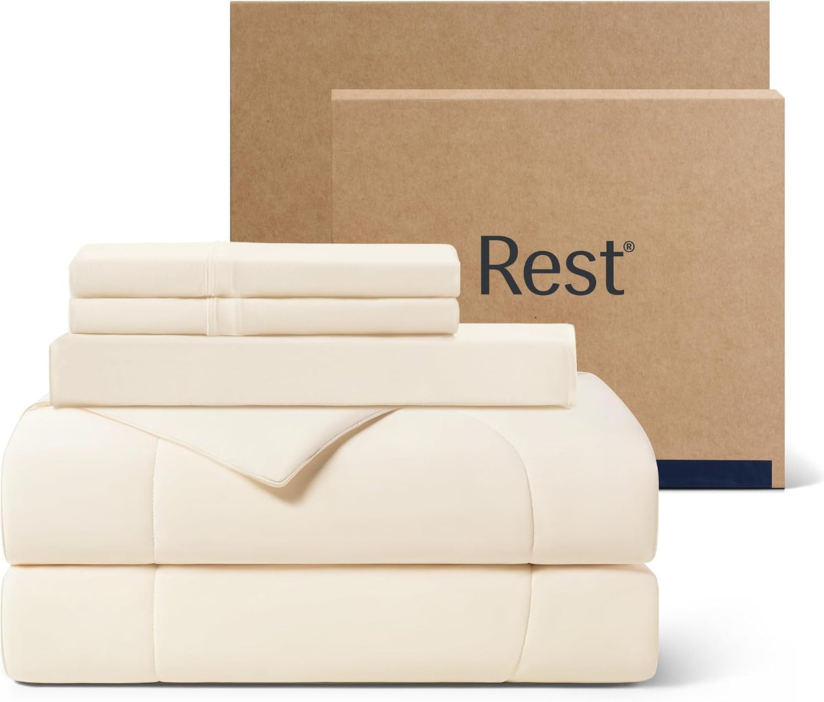 Rest® Evercool®+ - Juego de edredón refrescante, tamaño King, color marfil nieve, 4 piezas con manta refrescante, sábana bajera ajustable con bolsillos profundos sin arrugas, 2 fundas de almohada con
