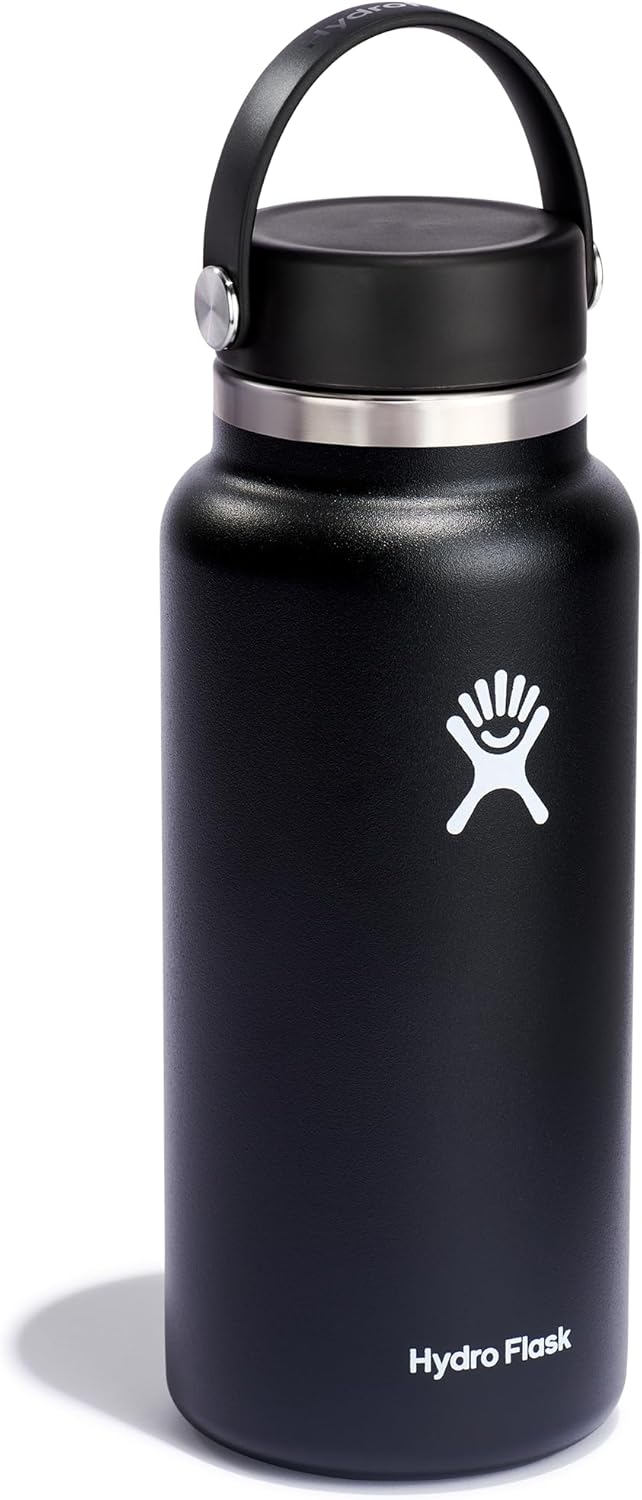 Hydro Flask Botella de Agua - Acero Inoxidable Aislado - Boca Ancha con Tapa Flex, Antiderrame, Hermética y Reutilizable de 32 Oz Negra