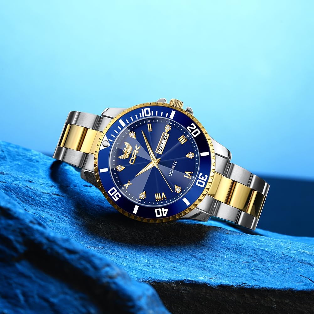 OPK Relojes para hombres de diamantes romanos analógicos relojes impermeables grandes de acero inoxidable para hombre, reloj de pulsera de negocios para padre, reloj de regalo, azul