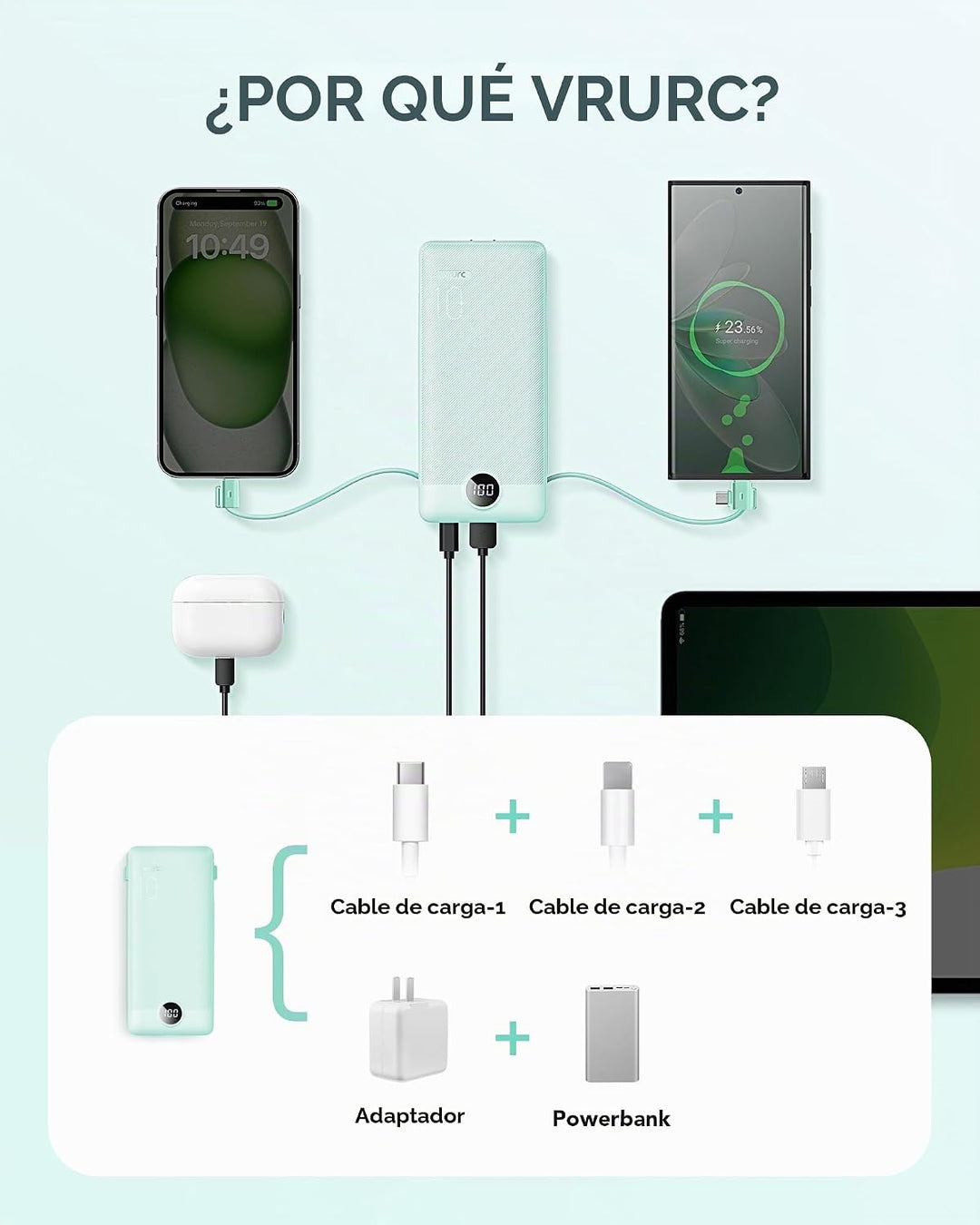VRURC Cargador portátil con cables integrados y enchufe de pared de...