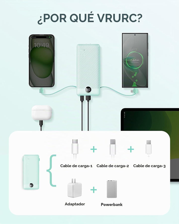 VRURC Cargador portátil con cables integrados y enchufe de pared de...