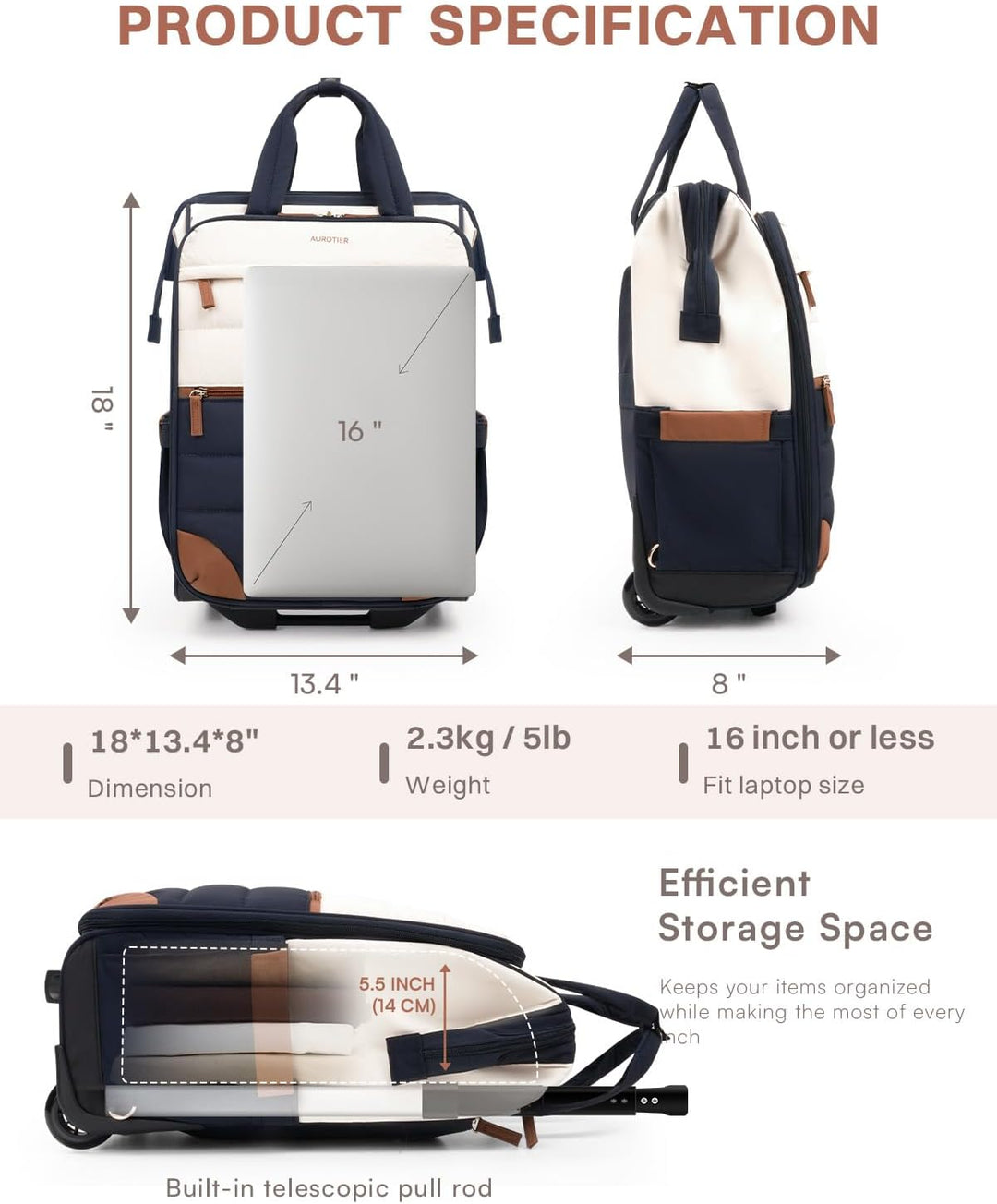 Mochila acolchada con ruedas para mujer, mochila de viaje con rueda...