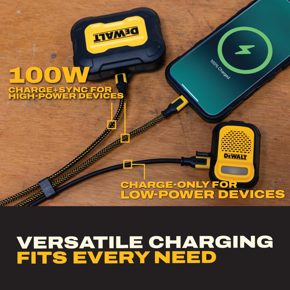 DEWALT Divisor inteligente USB-C a USB-C de 100 W - Transferencia de datos y carga rápida, salida de 1 a 3, reforzado con Kevlar, 6 pies de servicio pesado para laptop, MacBook, iPad, Android, Samsung