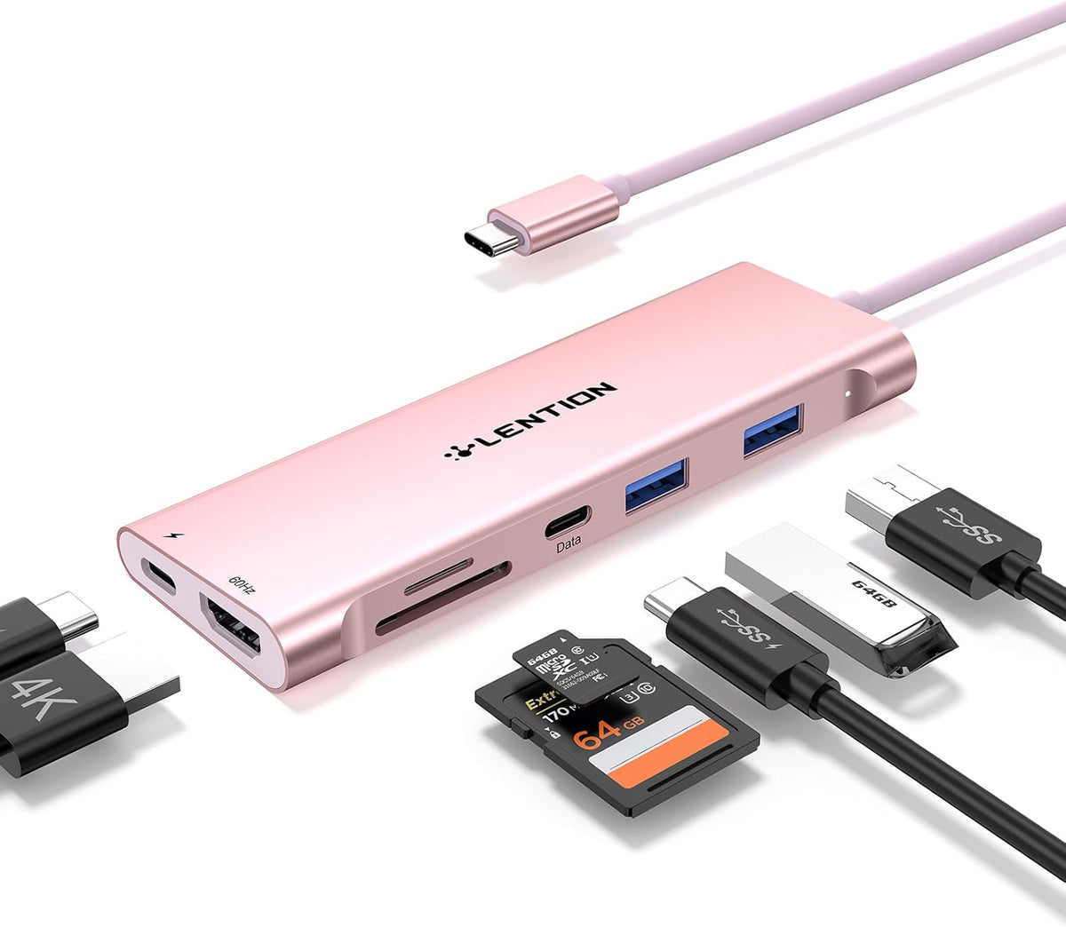 LENTION Hub USB C 7 en 1, cable de 1 pie, 4K @60Hz, 100W PD, A y C