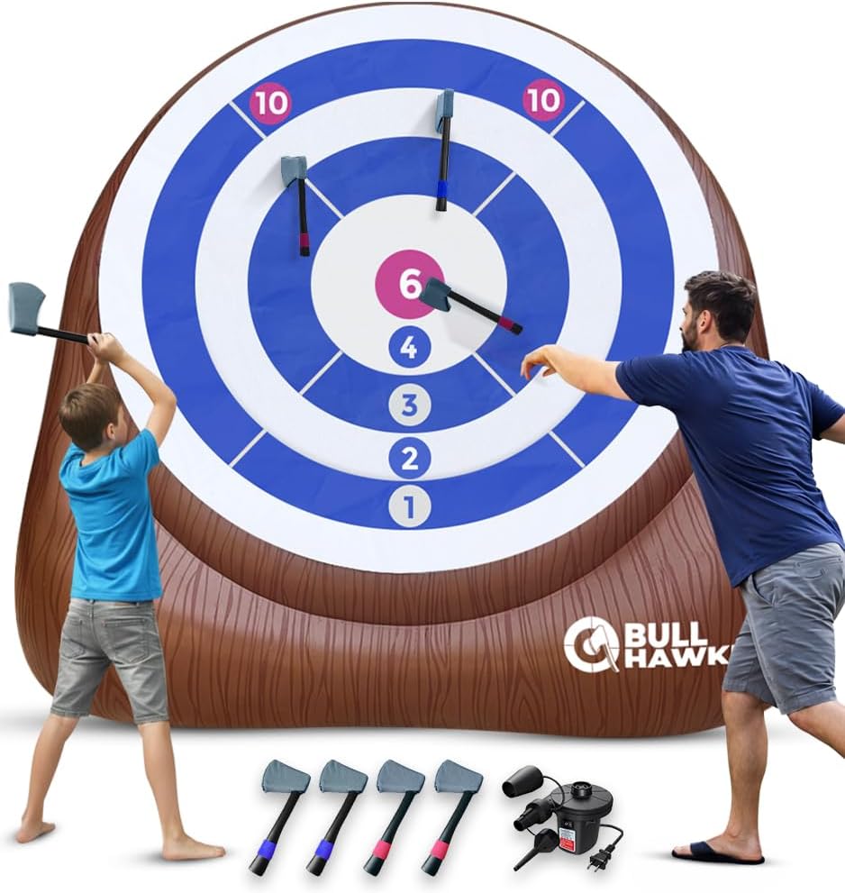 Swooc Games - Bull Hawker | Dardos de hacha gigante con más de 15 juegos | Juego de lanzamiento de hachas para patio trasero con bomba de aire | Juegos grandes al aire libre para adultos y familia |