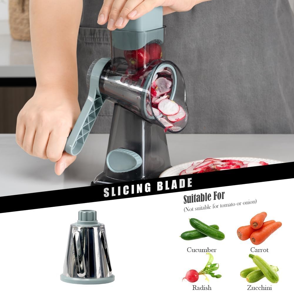 Rallador de queso, triturador de queso y verduras, rallador para cocina, 3 cuchillas intercambiables para queso, papa, calabacín, nueces, chocolate (gris azul)