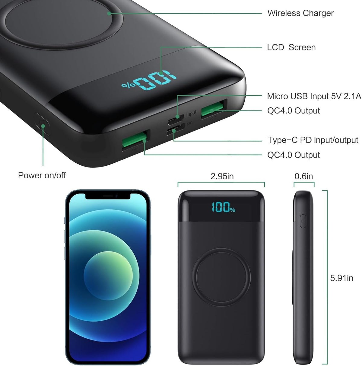 Cargador portátil inalámbrico 30,800 mAh, 15 W de carga inalámbrica...