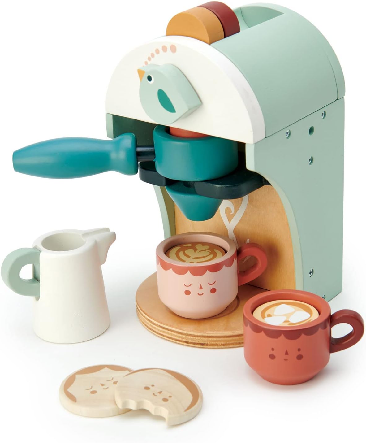 Tender Leaf Toys - Máquina de café de madera Babyccino Maker juguete de juego de comida con cápsulas y tazas de expreso hecho de materiales de primera calidad, artesanía a partir de 3 años