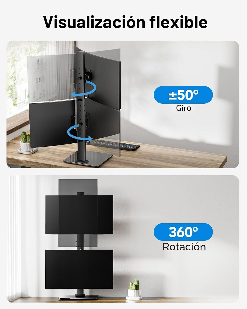 HUANUO Soporte de monitor doble para 13 a 34 pulgadas, carga máxima de 44 libras, soporte vertical para monitor, elevador de monitor independiente con giro, inclinación, rotación, 13 ajustes de altura, VESA máximo 100 x 100