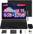 Tablet Android 15 de 10 pulgadas, tabletas 2 en 1 con teclado/ratón/estuche/lápiz, Negro, 8GB+32GB