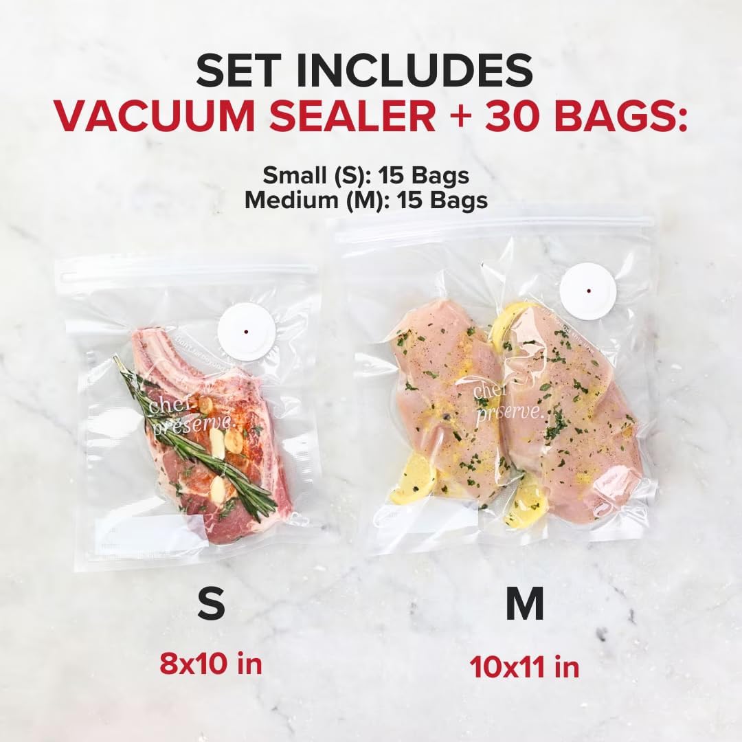 Chef Preserve Sellador al Vacío Compacto para Alimentos (Máquina Selladora al Vacío + 30 Bolsas al Vacío Reutilizables) Potente Máquina Selladora al Vacío Portátil, Sellador de Comida Portátil