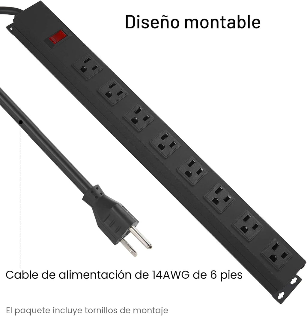 Cable de extensión largo de alta resistencia, 8 tomacorrientes, 14 AWG, negro, 6 pies, 1