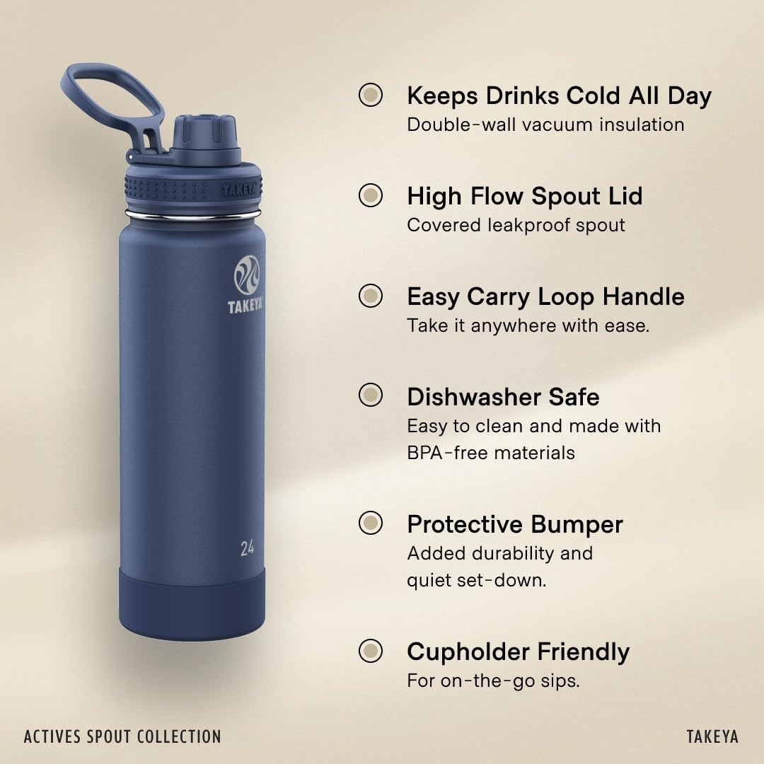 Takeya Actives - Botella de agua de acero inoxidable, tapa de boquilla aislada, mantiene las bebidas frías 24 horas, a prueba de fugas, duradera, apta para lavavajillas, ideal para gimnasio, viajes