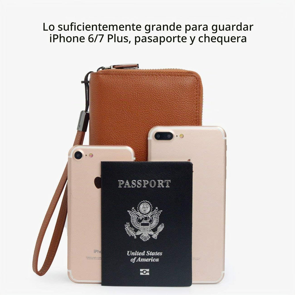 Bveyzi Cartera de piel con bloqueo RFID para mujer, con cremallera alrededor del teléfono, embrague de gran capacidad, bolso de viaje para mujer
