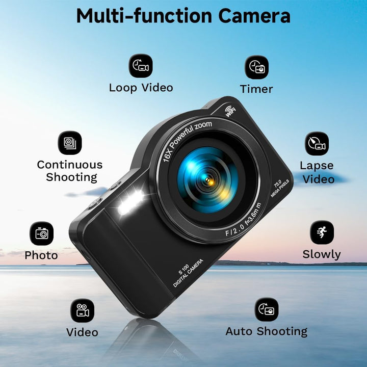Cámara digital, cámara compacta 4K WiFi 75MP con pantalla táctil zo...