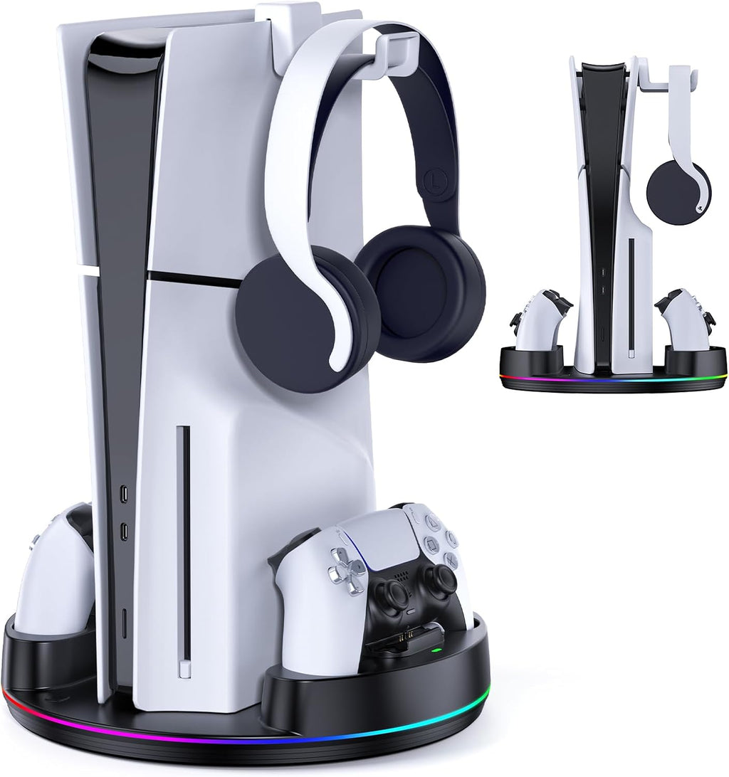 NEWDERY para PS5/Slim/Pro Console Stand, con Dual carga Station para PS5 Controllers, Adjustable RGB Light, para PS5 Controller Charger Stand - negro