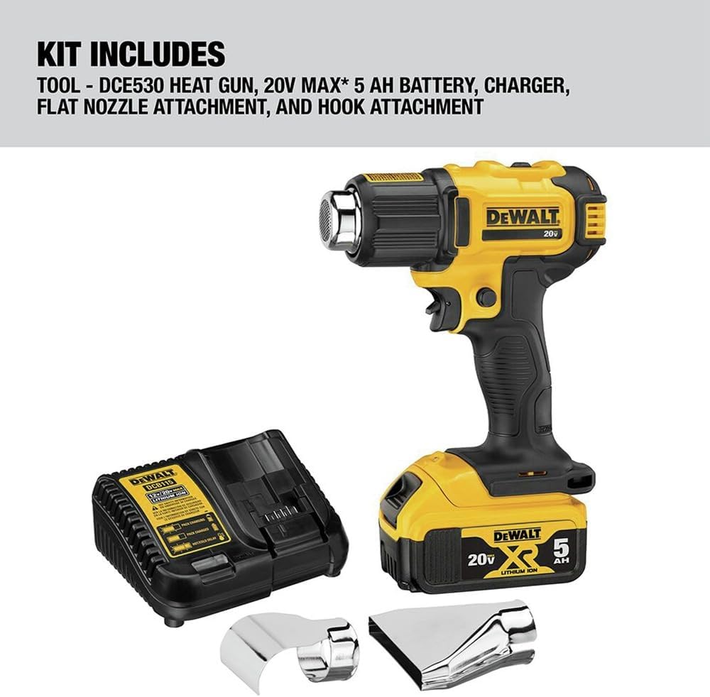 DEWALT Kit de pistola de calor de 20V MAX, inalámbrica, hasta 990 grados, 42 minutos de tiempo de funcionamiento, luz LED, batería y cargador incluidos (DCE530P1)