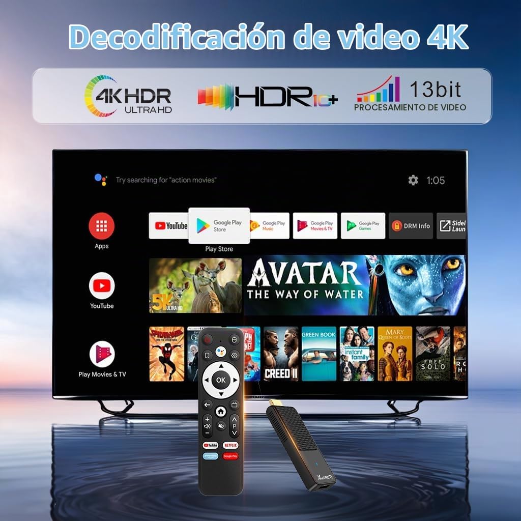 Android TV Stick 14.0, 2025 4K TV Stick 2GB RAM 16GB ROM Ultra HD RK3518 CPU soporta 2.4G/5G Wi-Fi Bluetooth 5.0 USB HDR10 con control remoto por voz Bluetooth, blanco X88 PROT1