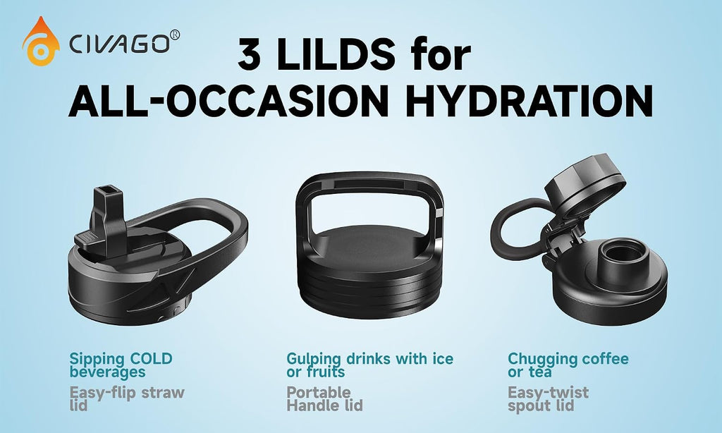 CIVAGO Botella de agua aislada de 40 onzas con pajita, frasco de agua deportiva cantimplora de acero inoxidable con 3 tapas (pajita, boquilla y tapa con asa), taza cantimplora térmica de viaje de