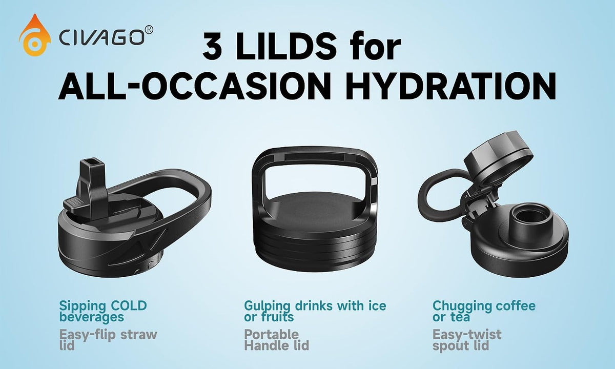 CIVAGO Botella de agua aislada de 40 onzas con pajita, frasco de agua deportiva cantimplora de acero inoxidable con 3 tapas (pajita, boquilla y tapa con asa), taza cantimplora térmica de viaje de