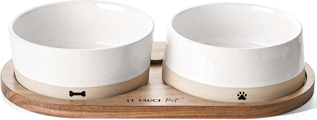 Juego de cuencos de cerámica para perros con bandeja de madera de acacia, cuenco de comida de 3.2 tazas + cuenco de agua de 29 onzas, estación de alimentación antideslizante con peso