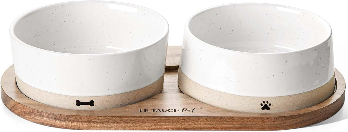 Juego de cuencos de cerámica para perros con bandeja de madera de acacia, cuenco de comida de 3.2 tazas + cuenco de agua de 29 onzas, estación de alimentación antideslizante con peso