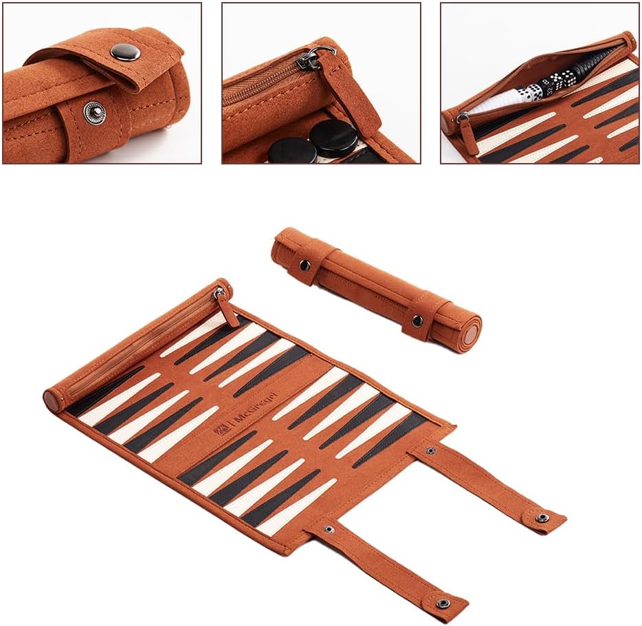 Travel Backgammon - Juego de mesa de cuero enrollable (marrón oscuro)