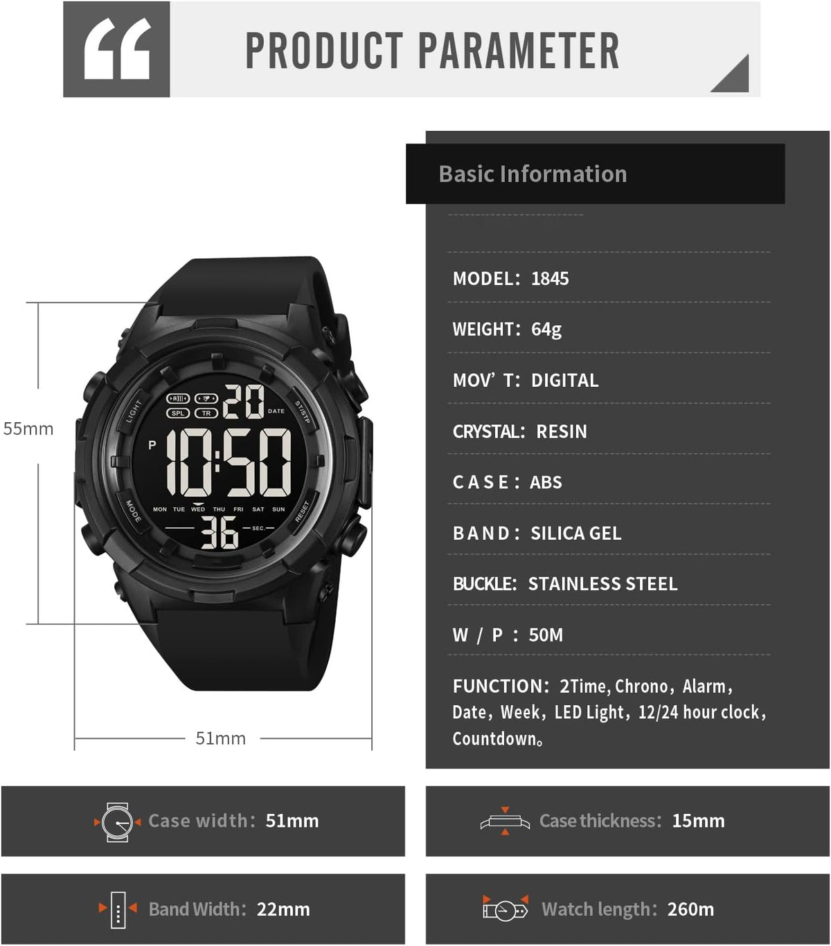XCZAP Reloj deportivo digital negro para hombre, reloj táctico militar de cara grande, resistente al agua 5ATM, retroiluminación LED, alarma, cronómetro, doble hora