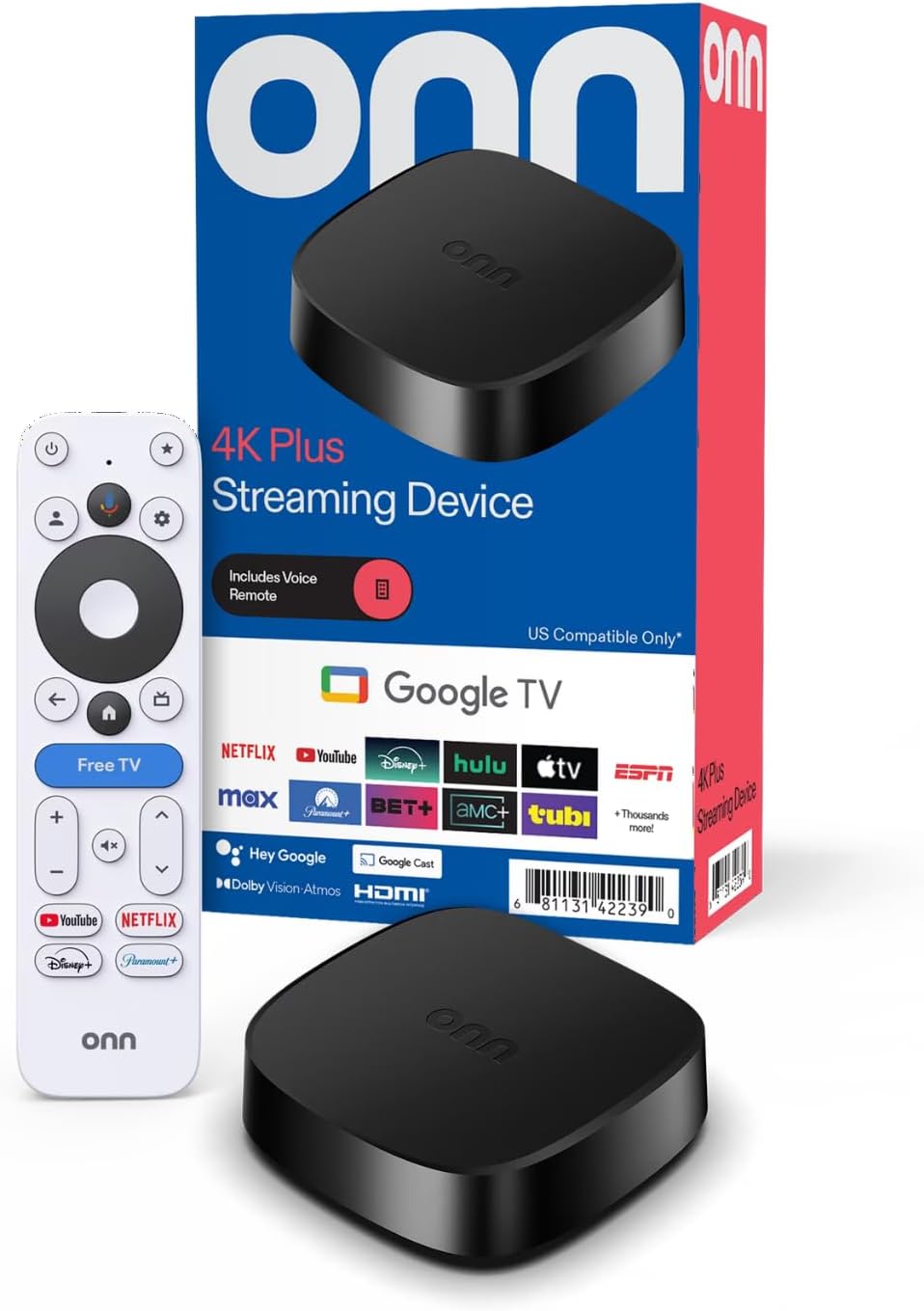 onn - Dispositivo de transmisión 4k Plus, dispositivo de transmisión ultrarrápida de Google TV, almacenamiento de 16 GB, RAM de 2 GB, remito con control de voz, solo EE. UU