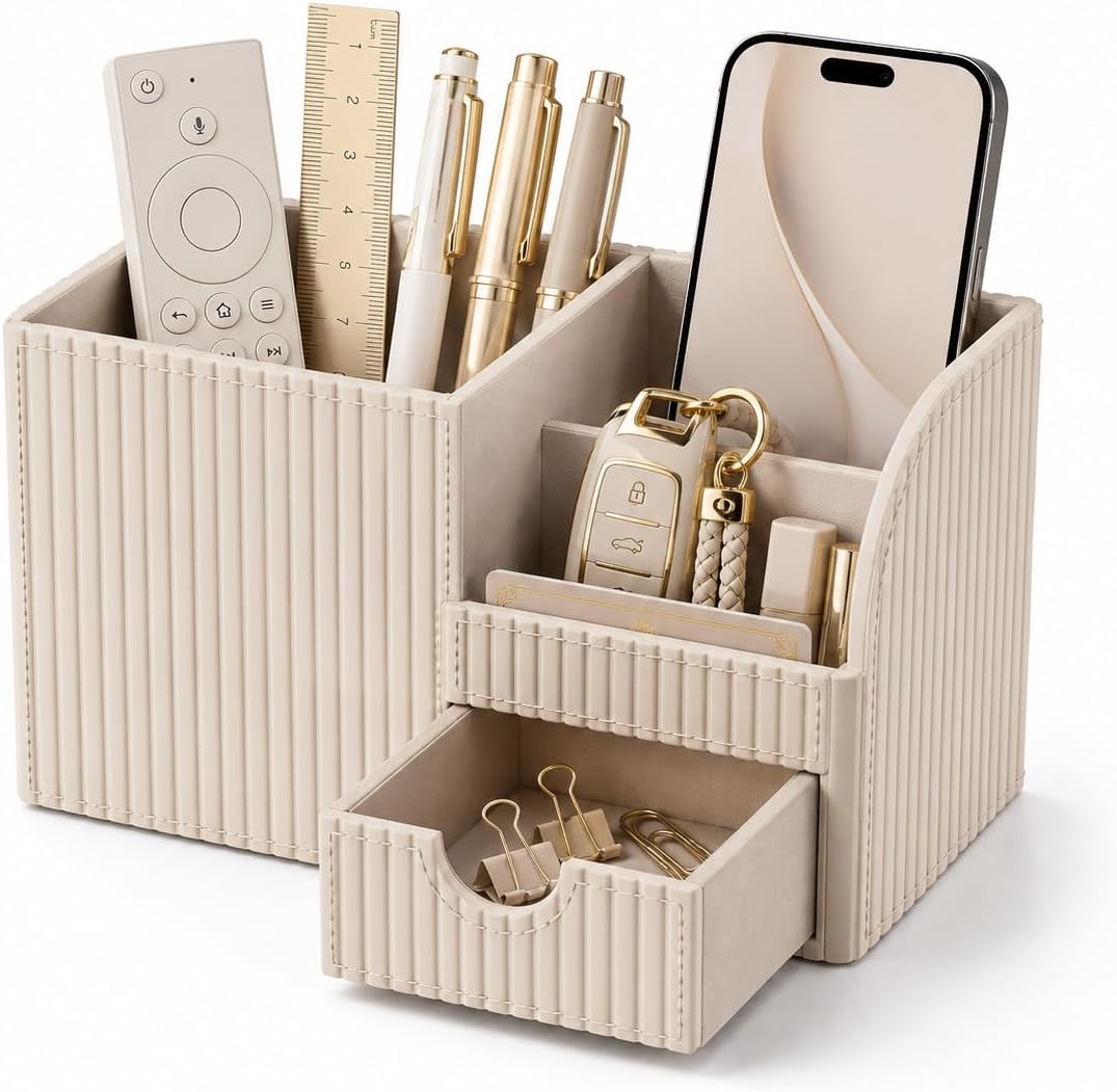 Organizador de escritorio de piel sintética de lujo con cajón, accesorios de escritorio de oficina modernos y estéticos para hombres y mujeres, soporte para bolígrafos con múltiples