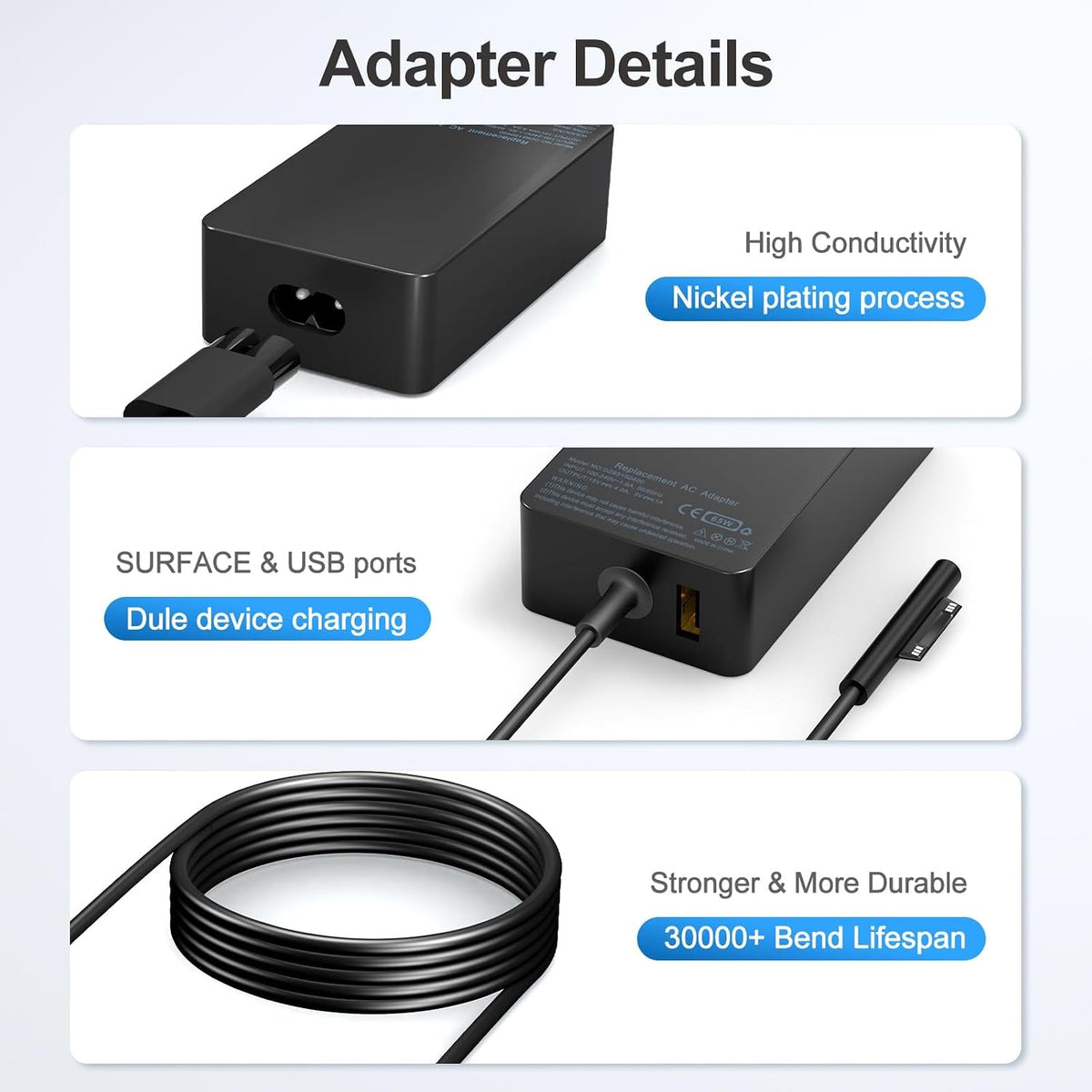 Cargador para portátil Surface Pro de 65 W, para Microsoft Surface Pro Charger Windows Surface Laptop 7, 6, 5, 4, 3, 2, para Microsoft Surface Pro10, 9, 8, 7+, 7, 6, 5, 4, 3, X, Surface Book3, 2, 1, Surface Go Tablet, compatible con 44W, 10 pies