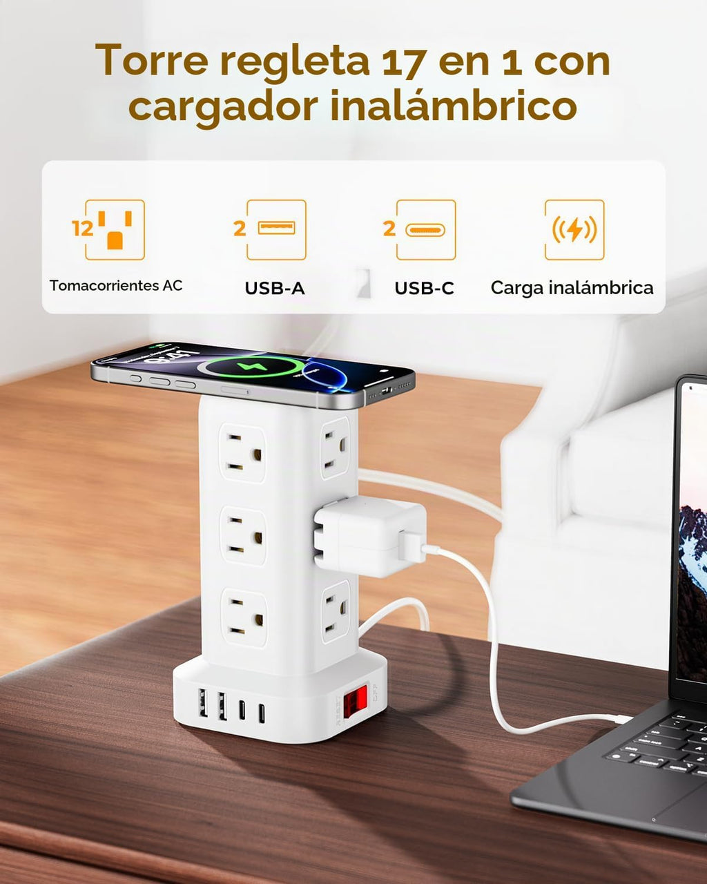 Regleta de alimentación con 12 tomas, 4 USB (1 USB C), cable de extensión de 6.5 pies con múltiples tomas, estación de carga, torre de regleta de alimentación, suministros de escritorio de oficina en