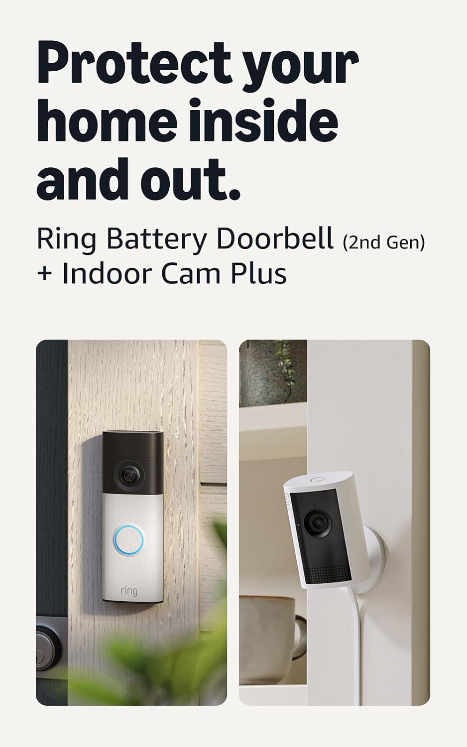 Videotimbre inalámbrico Ring (última generación), blanco moteado con Cámara para interiores Ring Plus, blanco