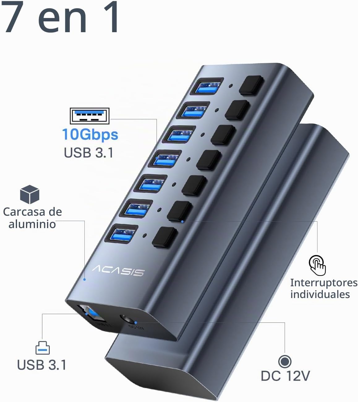ACASIS, HS707MG-10G, hub USB 3.2 de 7 puertos, alimentado