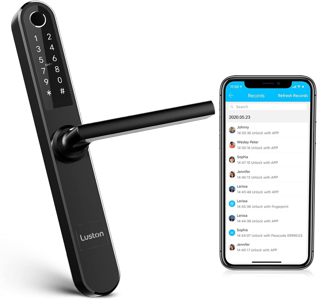 Luston Cerradura inteligente delgada para puerta delantera, de acero inoxidable, impermeable, cerradura de puerta de entrada sin llave, WiFi Bluetooth, teclado digital de huellas dactilares, cerradura de puerta abatible de aluminio con asa (negro)
