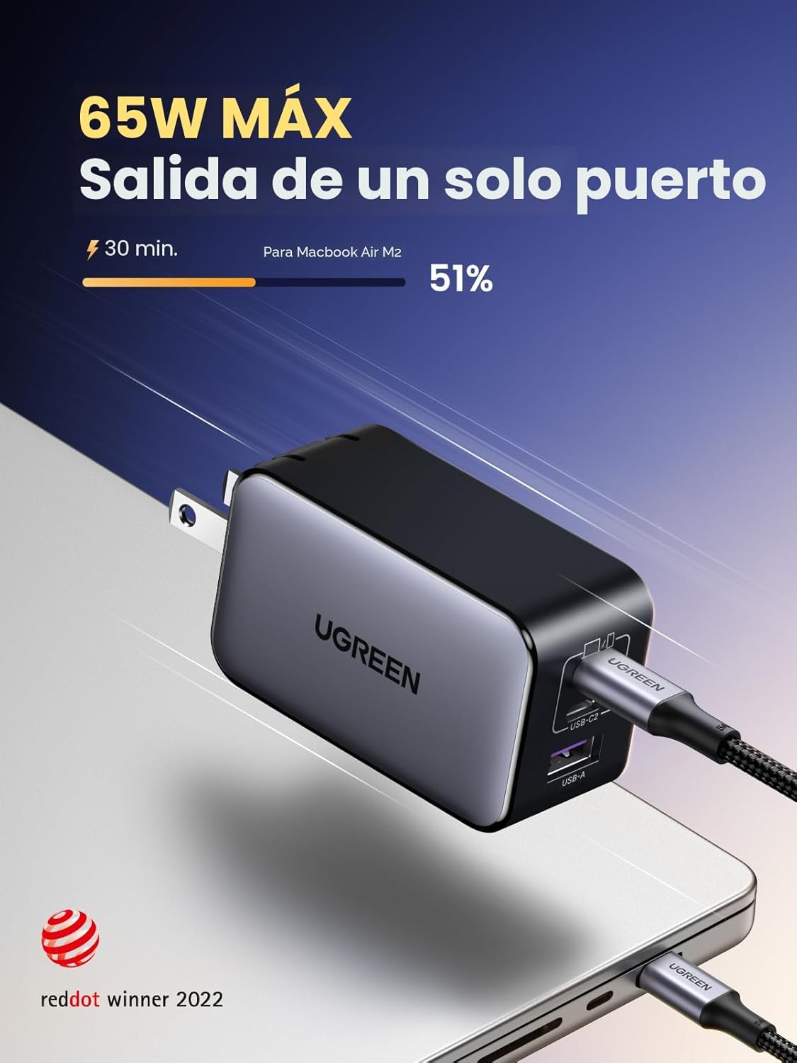 UGREEN Nexode 65 W USB C cargador bloque, cargador de pared de 3 puertos de