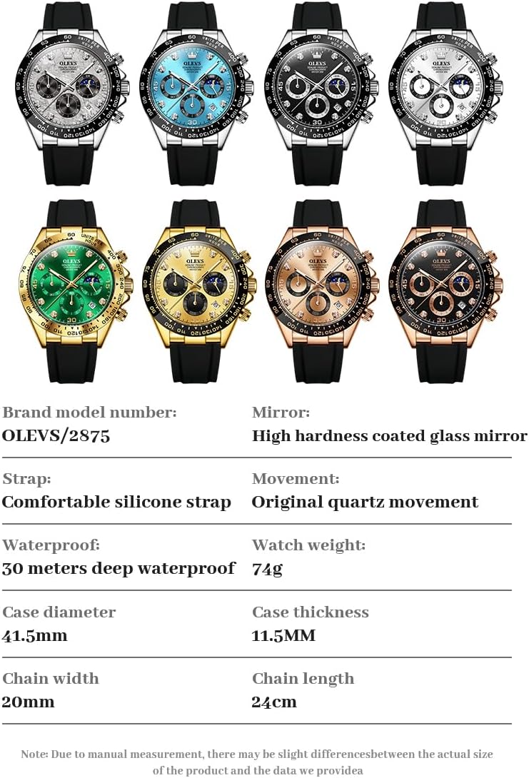 OLEVS Relojes Cronógrafo Masculinos de Moda Empresarial Analógico Quartz Reloj de Pulsera para Hombre, Cinturón de Silicona a prueba de agua con Luminiscente, Calendario
