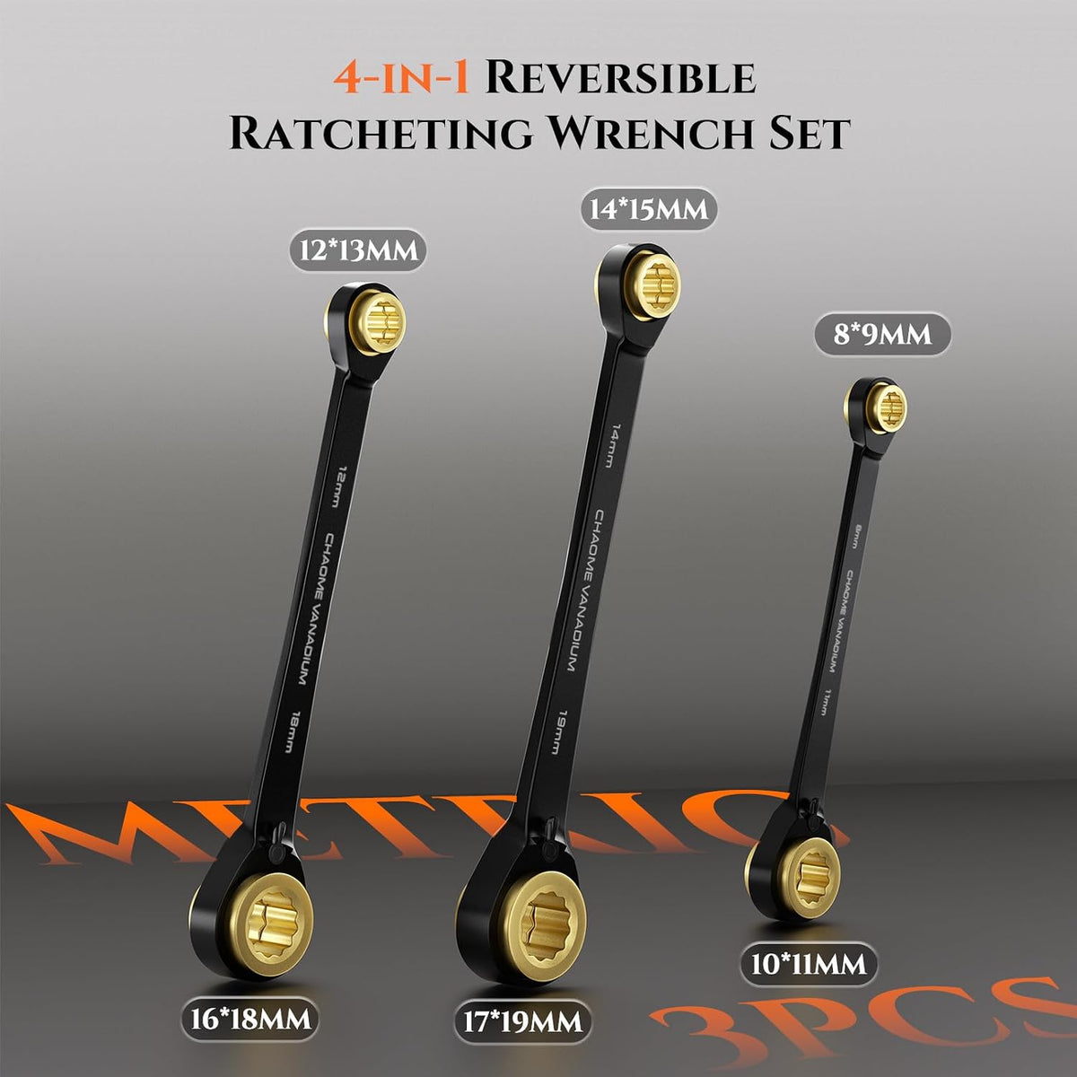 Llave de trinquete 4 en 1, 3 piezas, métrica reversible