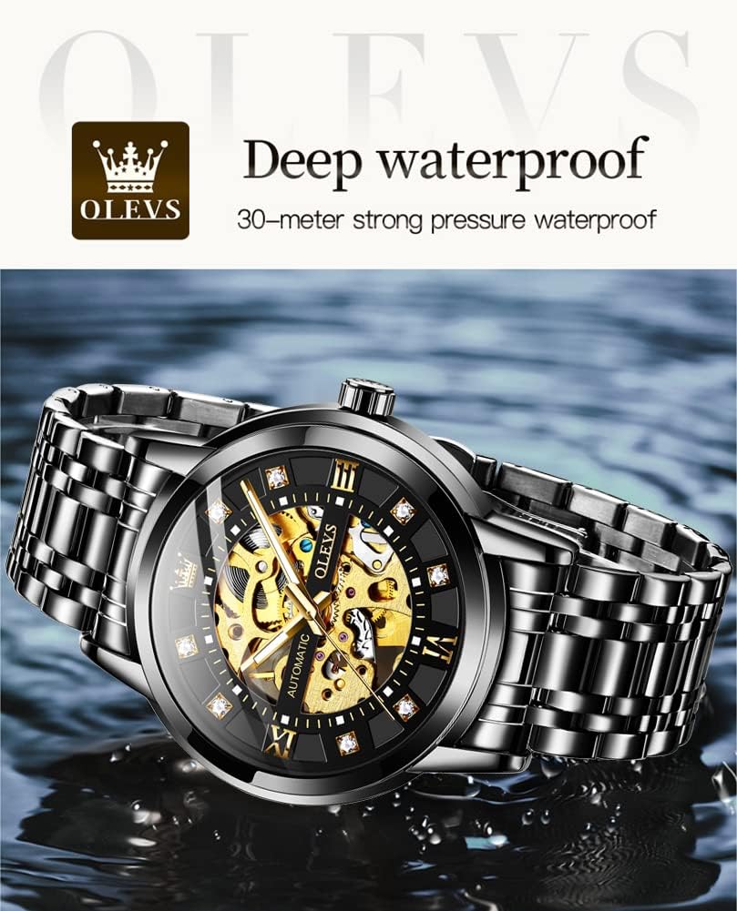 OLEVS Reloj de esqueleto de oro para hombre automático mecánico de cuerda automática lujoso de vestir de acero inoxidable impermeable luminoso relojes de pulsera