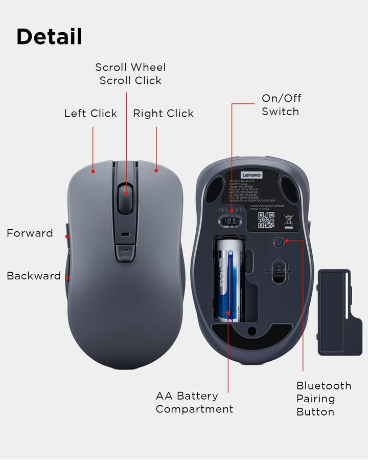 Lenovo Ratón Silencioso Bluetooth (WL300) - Ratón de Computadora de...
